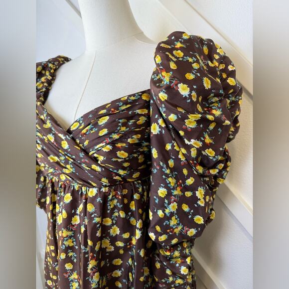 NWT AUTUMN ADEIGBO Bridgette 100% Silk Puff-Sleeve Mini Dress Brown Size 4 - Picture 4 of 16